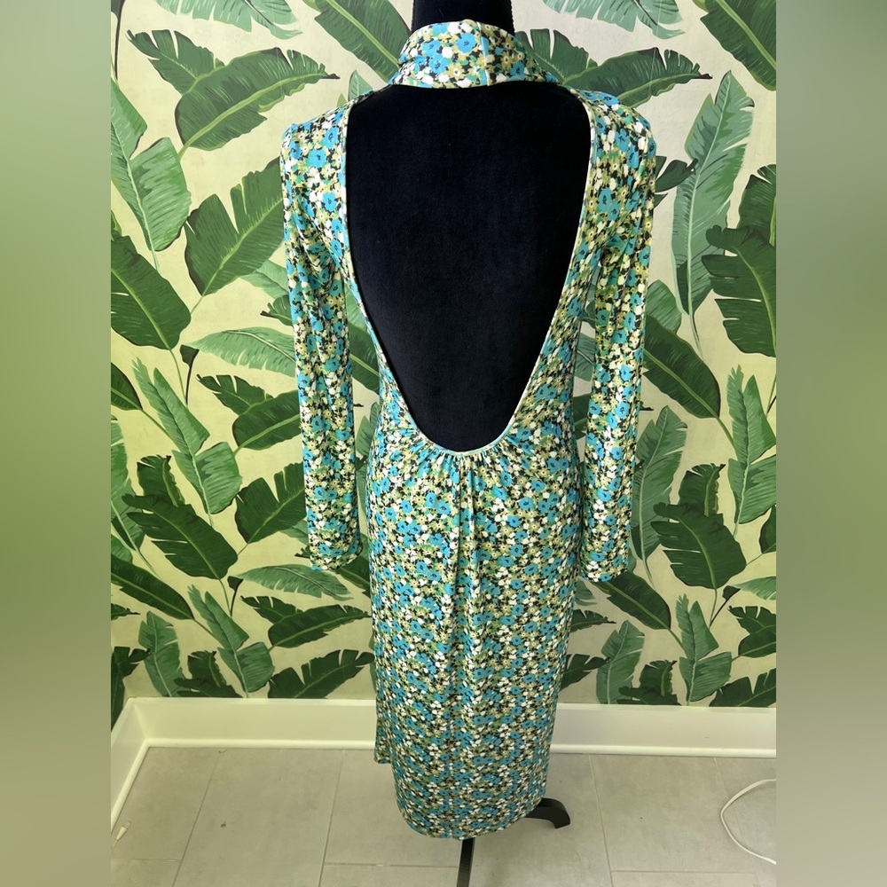 Zara green blue floral long-sleeve midi dress high neck Kentucky Derby Medium - Picture 12 of 14